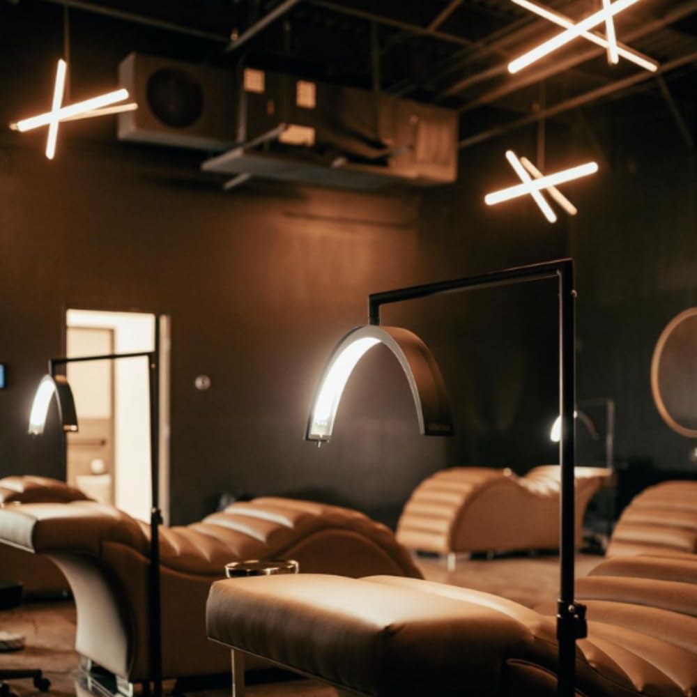 CosmoGlo Original Light + Phone Clip (Black) for Eyelash Extensions, Skincare, Nails, Lashes, Eyebrows, Filming, Content Creation, LED Floor Light, 360 Rotation Curved Halo, Half Moon Lamp